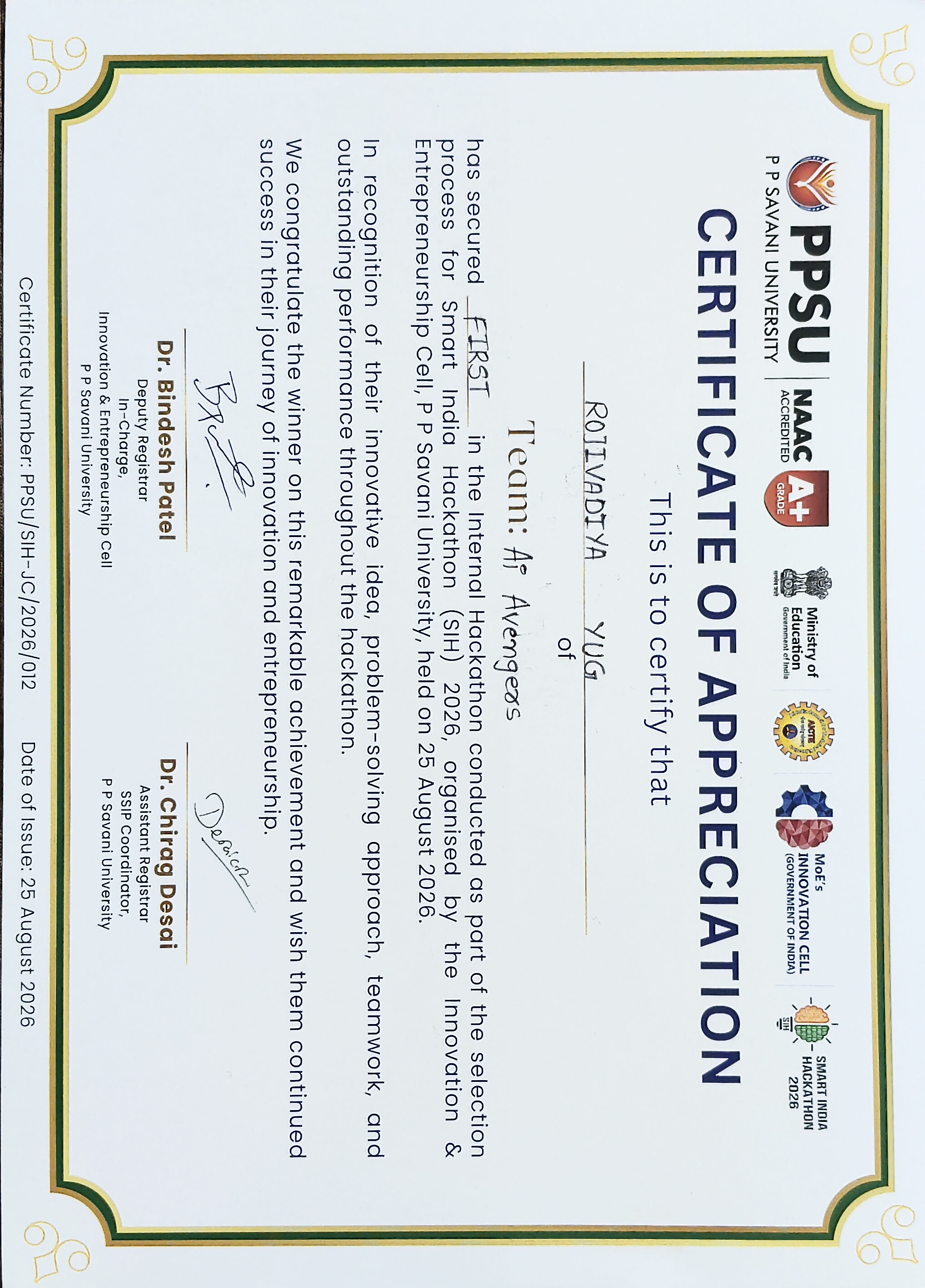 SIH 2026 Winner Certificate - Yug Rojivadiya