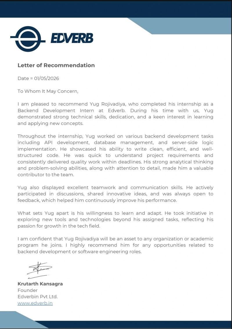 Letter of Recommendation from Edverb for Yug Rojivadiya